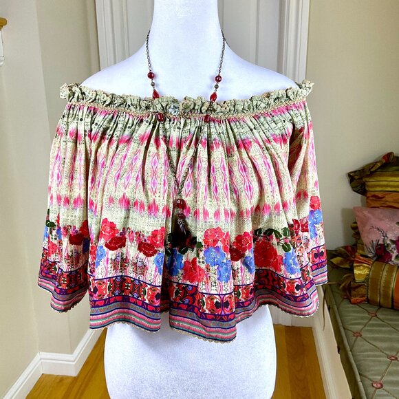 Anthropologie Top On Off Shoulder  Bhanuni by Joti Cropped Khaki Red Villa (S) - Picture 1 of 9